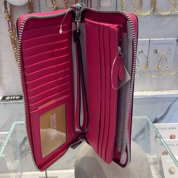 MICHAEL KORS JST Leather Continental Wristlet Phone Case Wallet 
Dragonfruit NWT - Picture 13 of 16